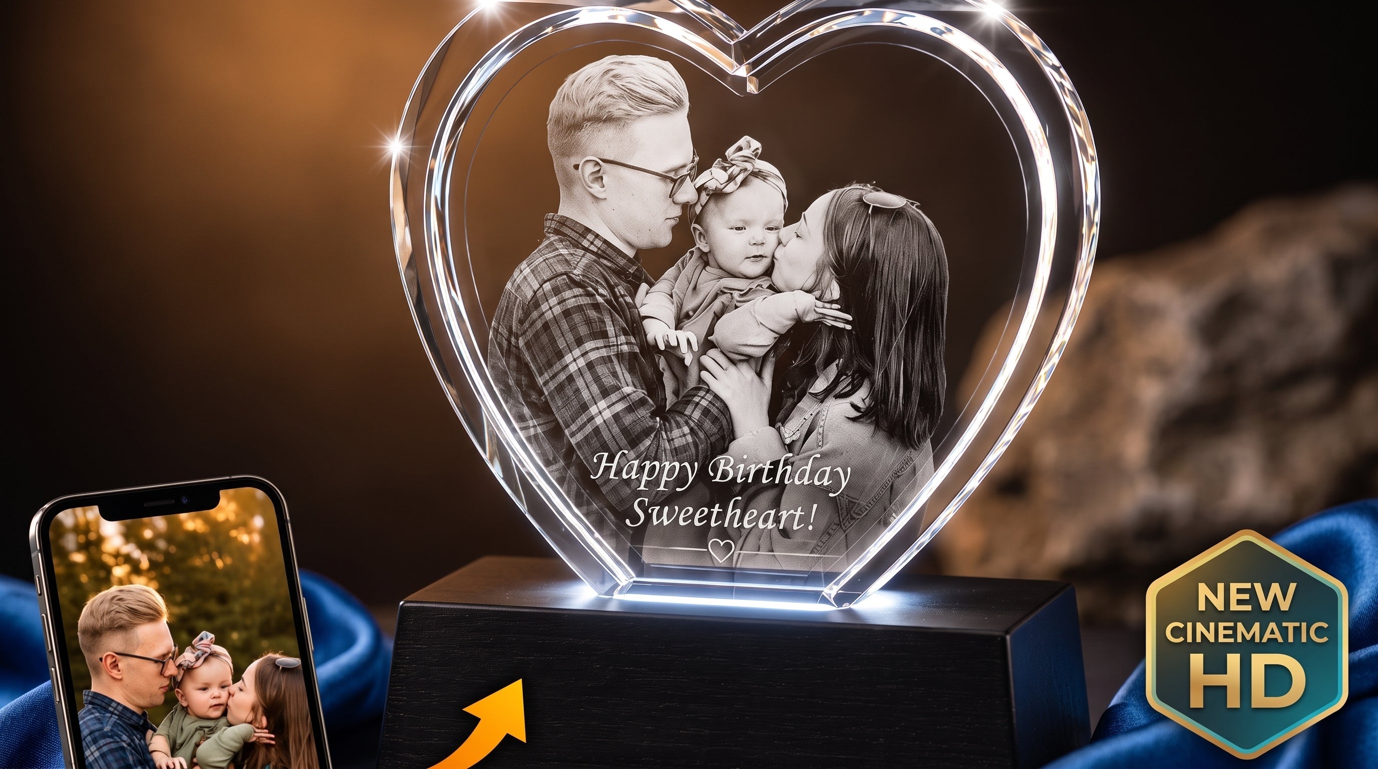 3D crystal rectangle engraved with a photo of three friends celebrating a birthday with cake and candles