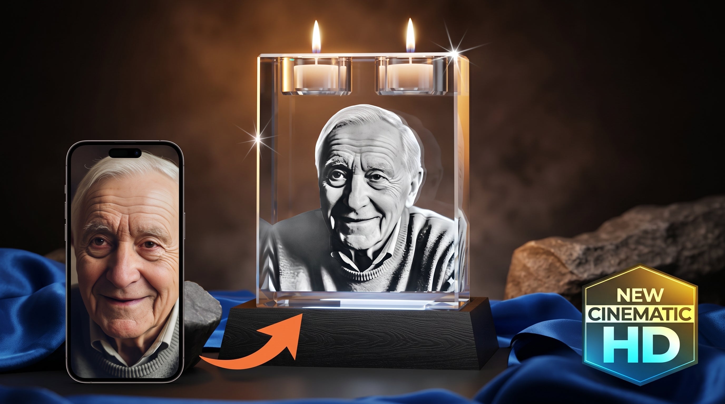 3D crystal rectangle engraved with a photo of an elderly couple embracing, sympathy keepsake gift