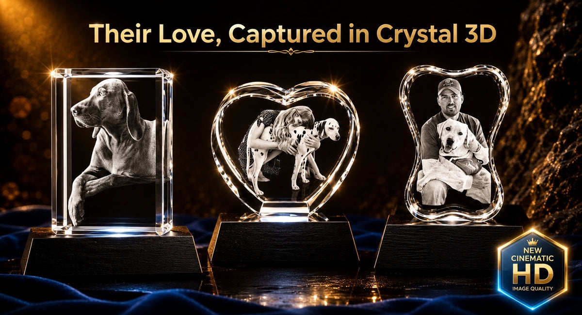 3D crystal pet keepsake banner, "Their Love, Captured in Crystal 3D" — engraved pet photos displayed in crystal shapes with LED bases