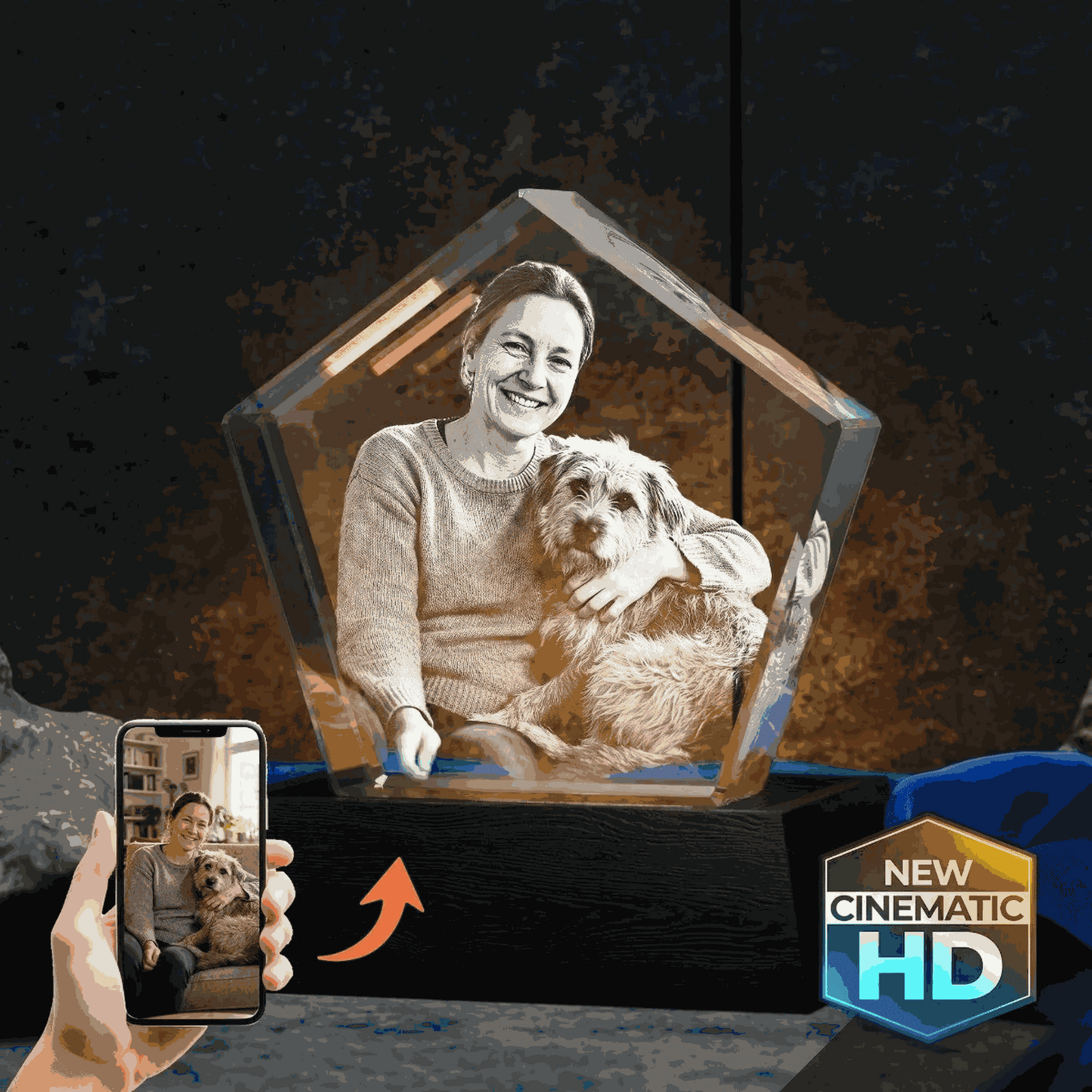 3D crystal pentagon – custom photo engraving, corporate award keepsake