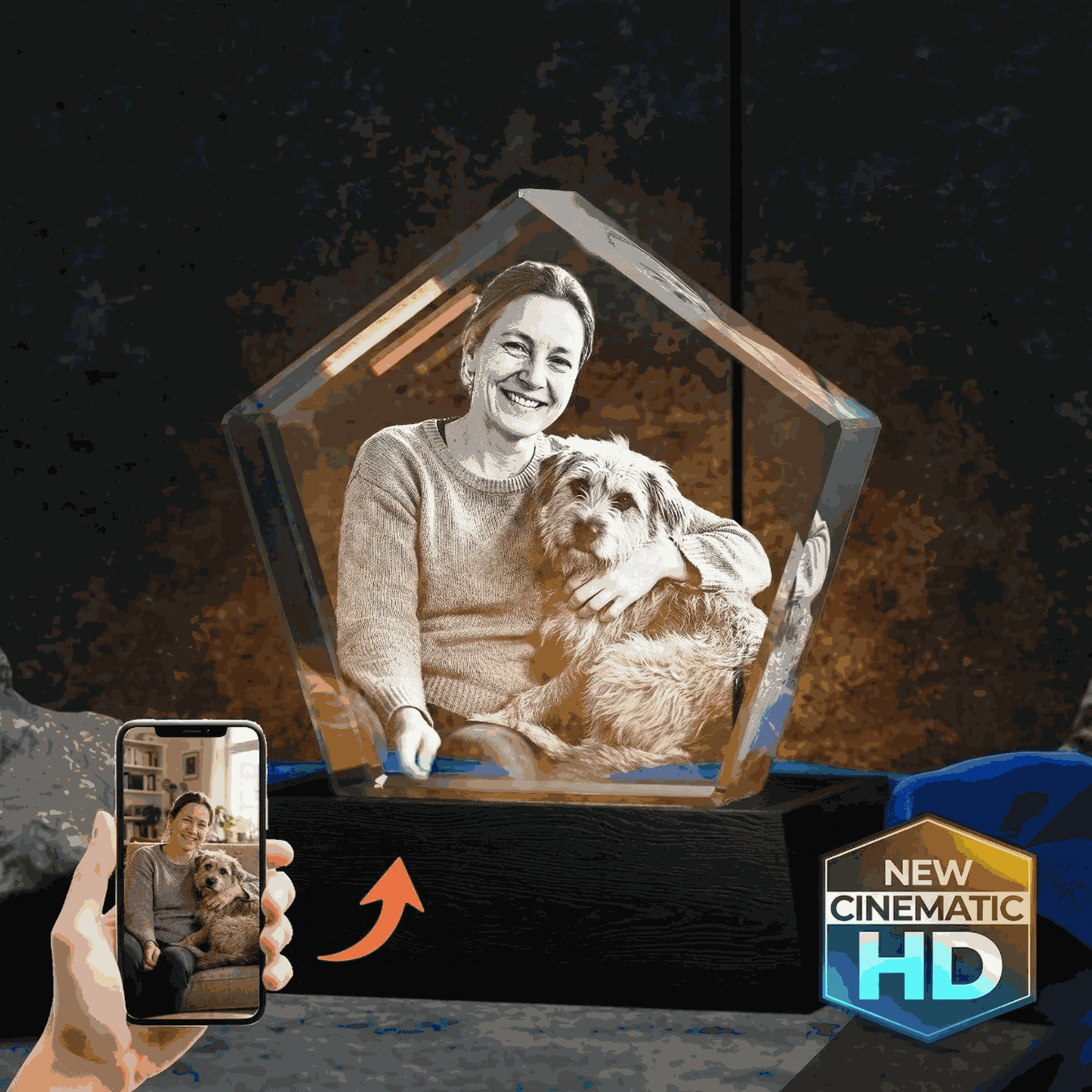 3D crystal pentagon – custom photo engraving, corporate award keepsake
