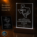 2D crystal tall plaque photo engraving – corporate award keepsake, gold-tone display | Crystal 3D Pix