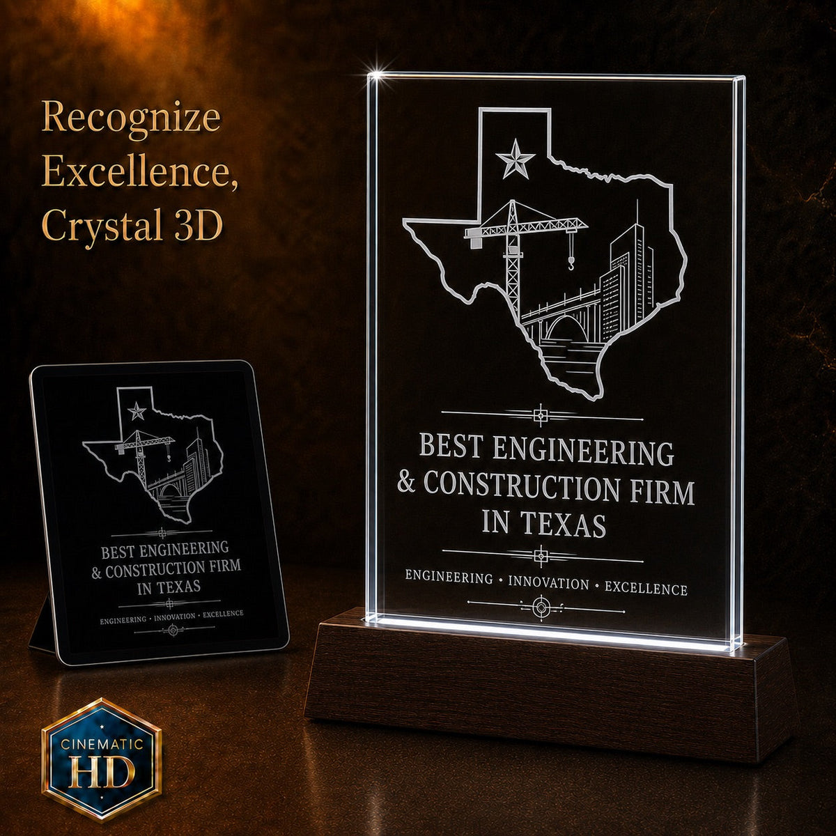2D crystal tall plaque photo engraving – corporate award keepsake, gold-tone display | Crystal 3D Pix