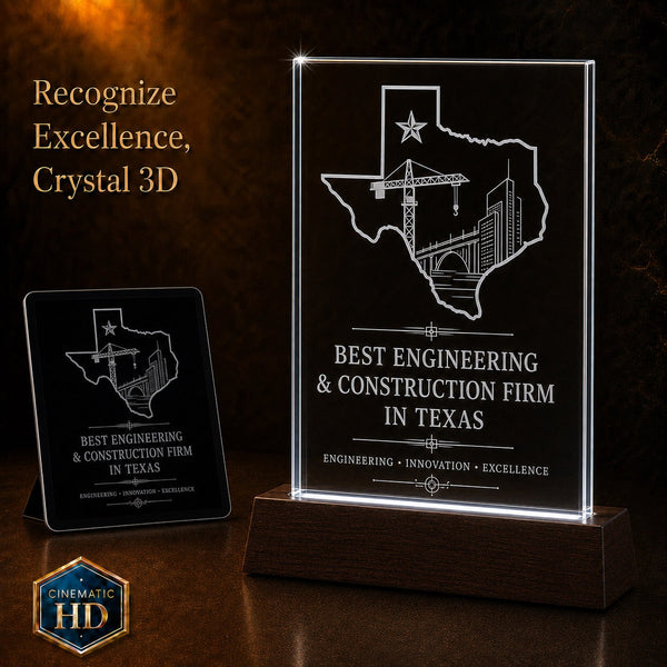 2D crystal tall plaque photo engraving – corporate award keepsake, gold-tone display | Crystal 3D Pix