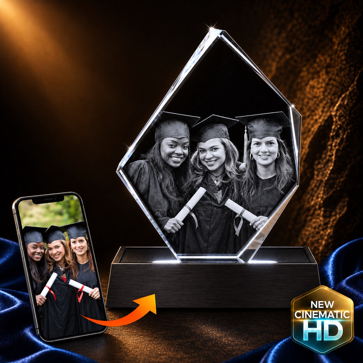 Crystal 3D Pix 3D Crystal Iceberg features a Cinematic HD graduation photo, expertly engraved inside the crystal.