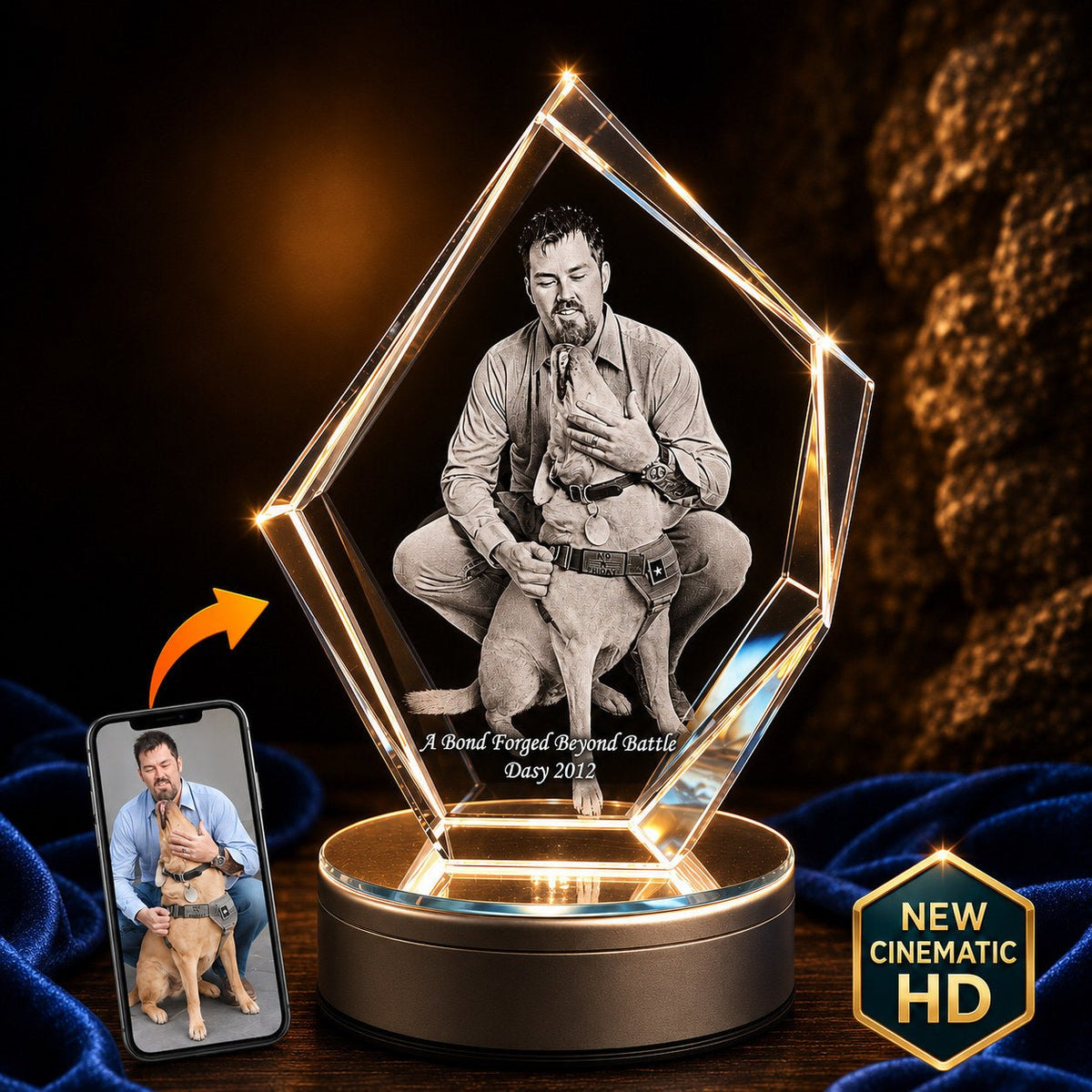 3D crystal iceberg-cut keepsake – pet photo engraving of Rigby
