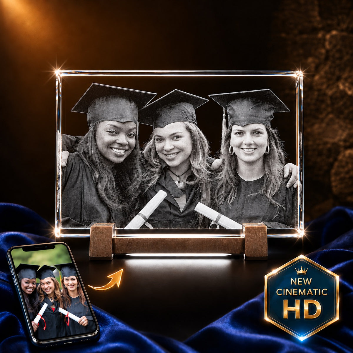Crystal 3D Pix 3D Crystal Rectangle keepsake features three smiling grads’ HD laser-engraved photo.
