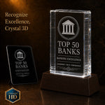 Crystal 3D Pix 3D crystal rectangle award is displayed beside a plaque that is laser etched in 3d
