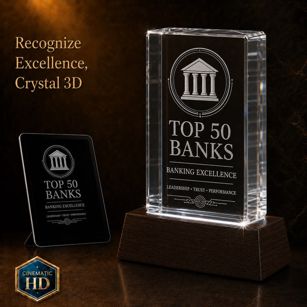 Crystal 3D Pix 3D crystal rectangle award is displayed beside a plaque that is laser etched in 3d