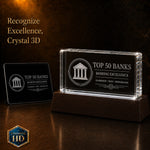 Crystal 3D Pix two rectangle crystal awards with glowing edges, wood bases, and company logos etched into glass