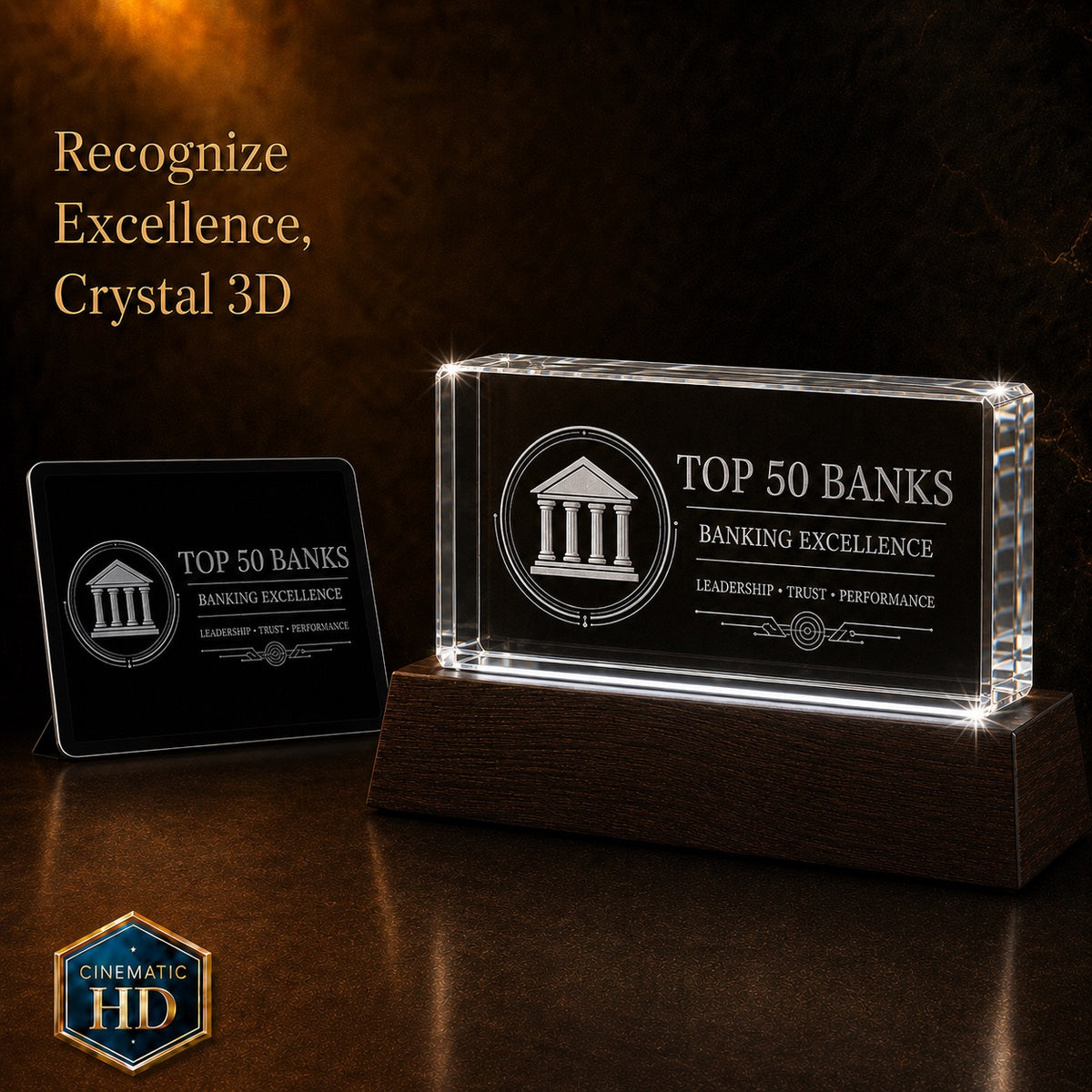 Crystal 3D Pix two rectangle crystal awards with glowing edges, wood bases, and company logos etched into glass