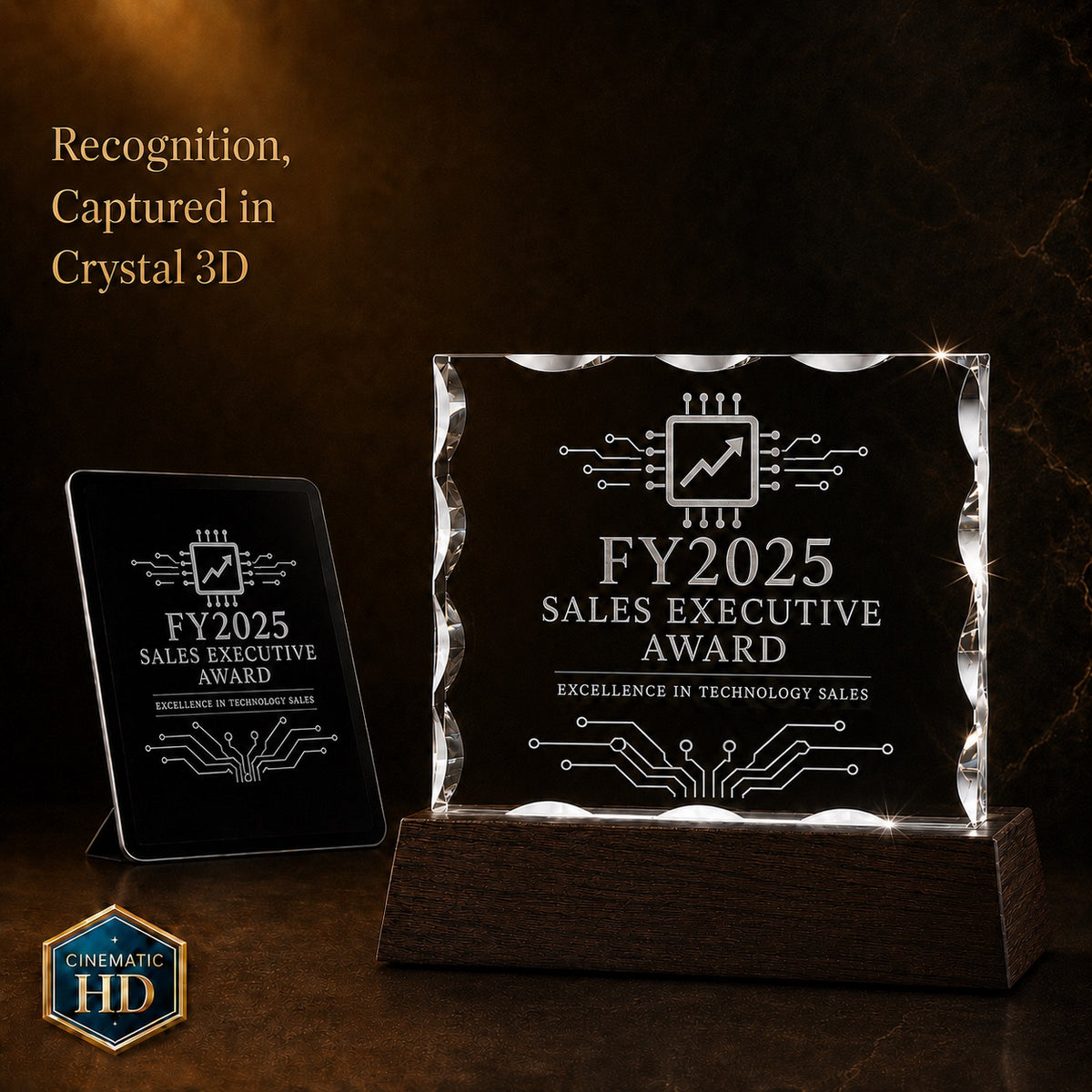 A crystal award plaque and matching acrylic sign on a dark wooden base, displayed against a warm brown background. The front plaque reads 'FY2025 SALES EXECUTIVE AWARD' with circuit-style graphics, and a smaller matching plaque stands on a small stand to the left.