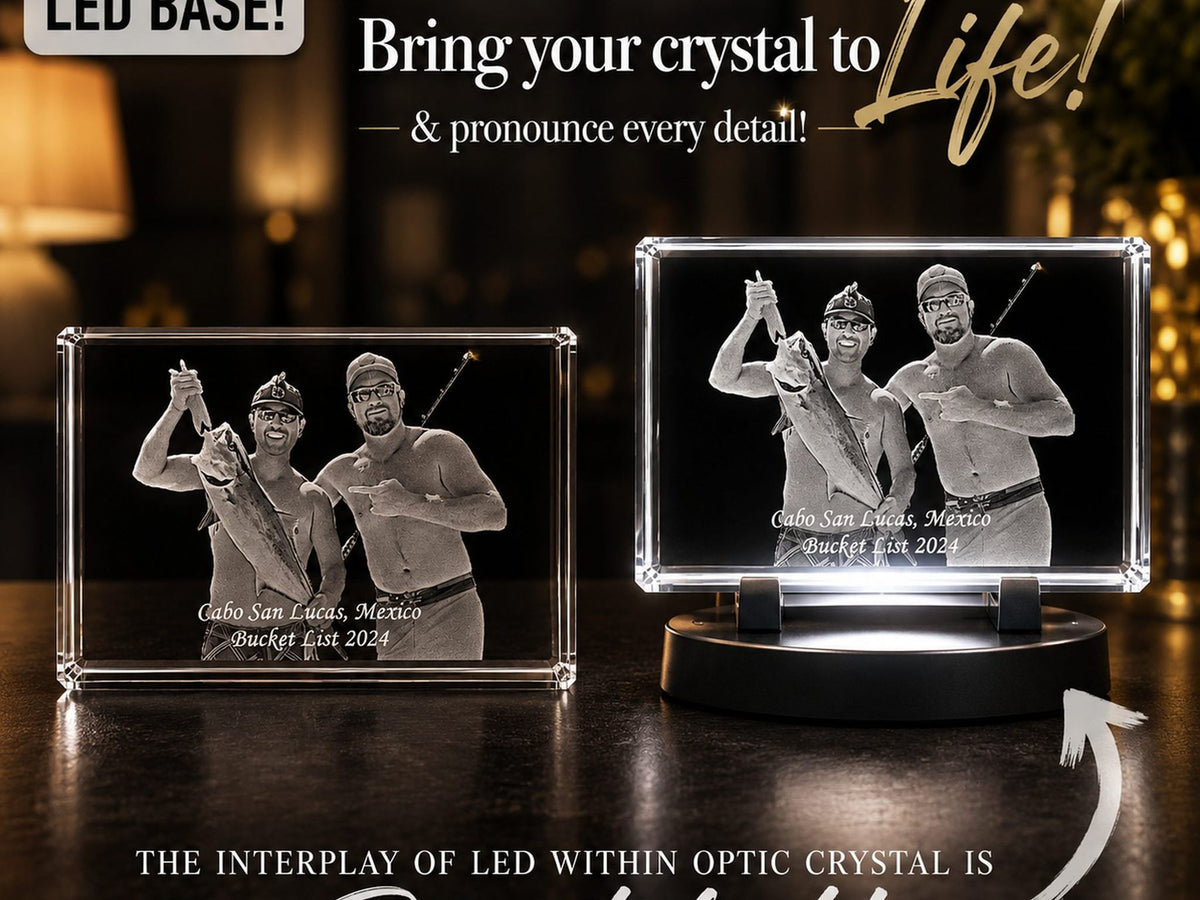 Crystal 3D Pix 2D crystal plaque-frame shows two men smiling, labeled Cabo San Lucas, Mexico Bucket List 2024.