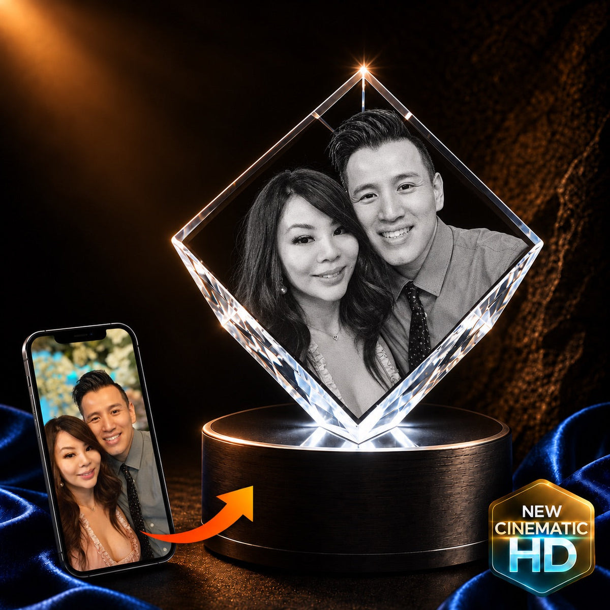 3D crystal corner diamond photo engraving – anniversary keepsake, gold-tone display | Crystal 3D Pix