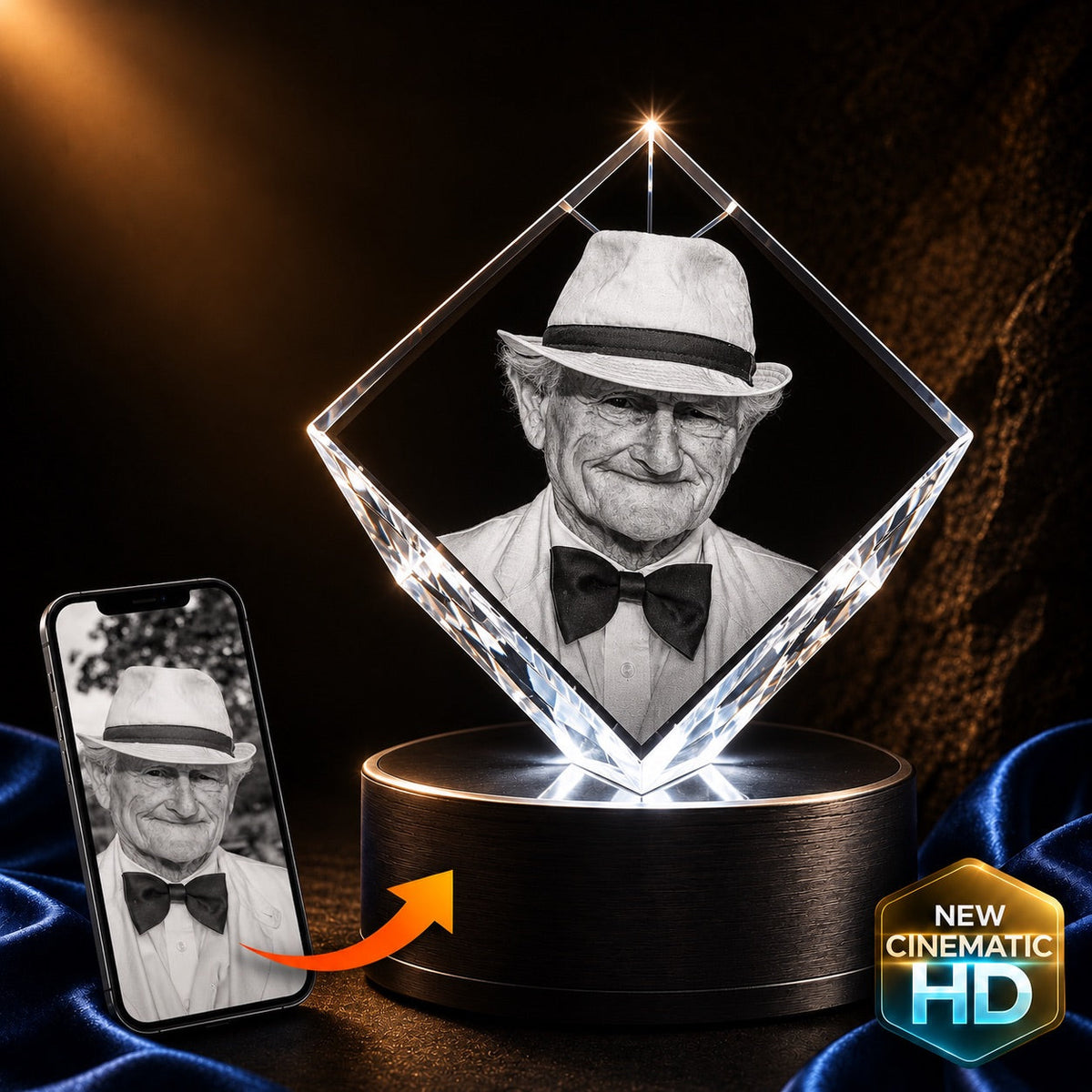 3D crystal corner diamond photo engraving – sympathy memorial keepsake, gold-tone display | Crystal 3D Pix