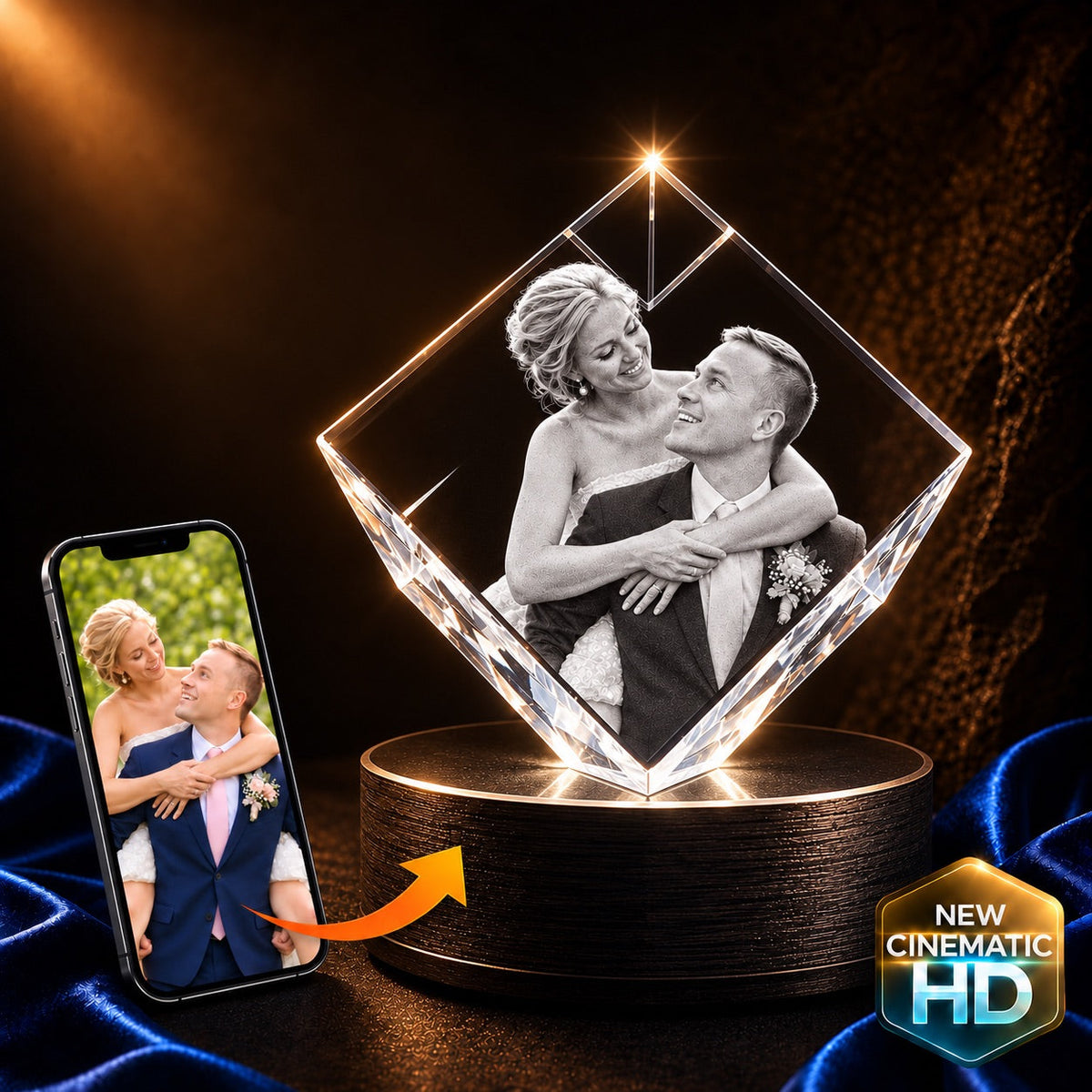3D crystal corner diamond photo engraving – wedding gift, gold-tone display | Crystal 3D Pix