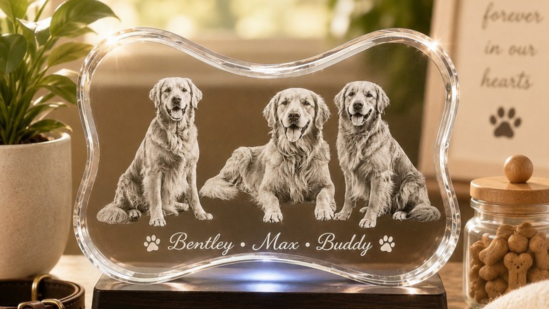 3D crystal pet bone keepsake featuring three golden retrievers
