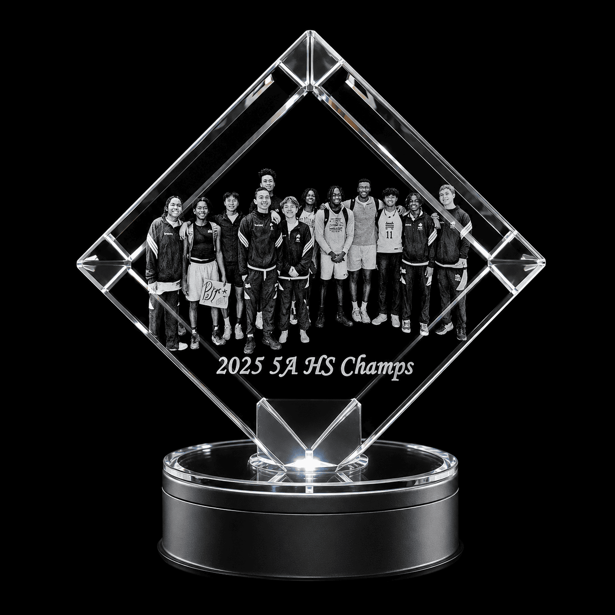 3D crystal corner diamond photo engraving – corporate award, gold-tone display | Crystal 3D Pix