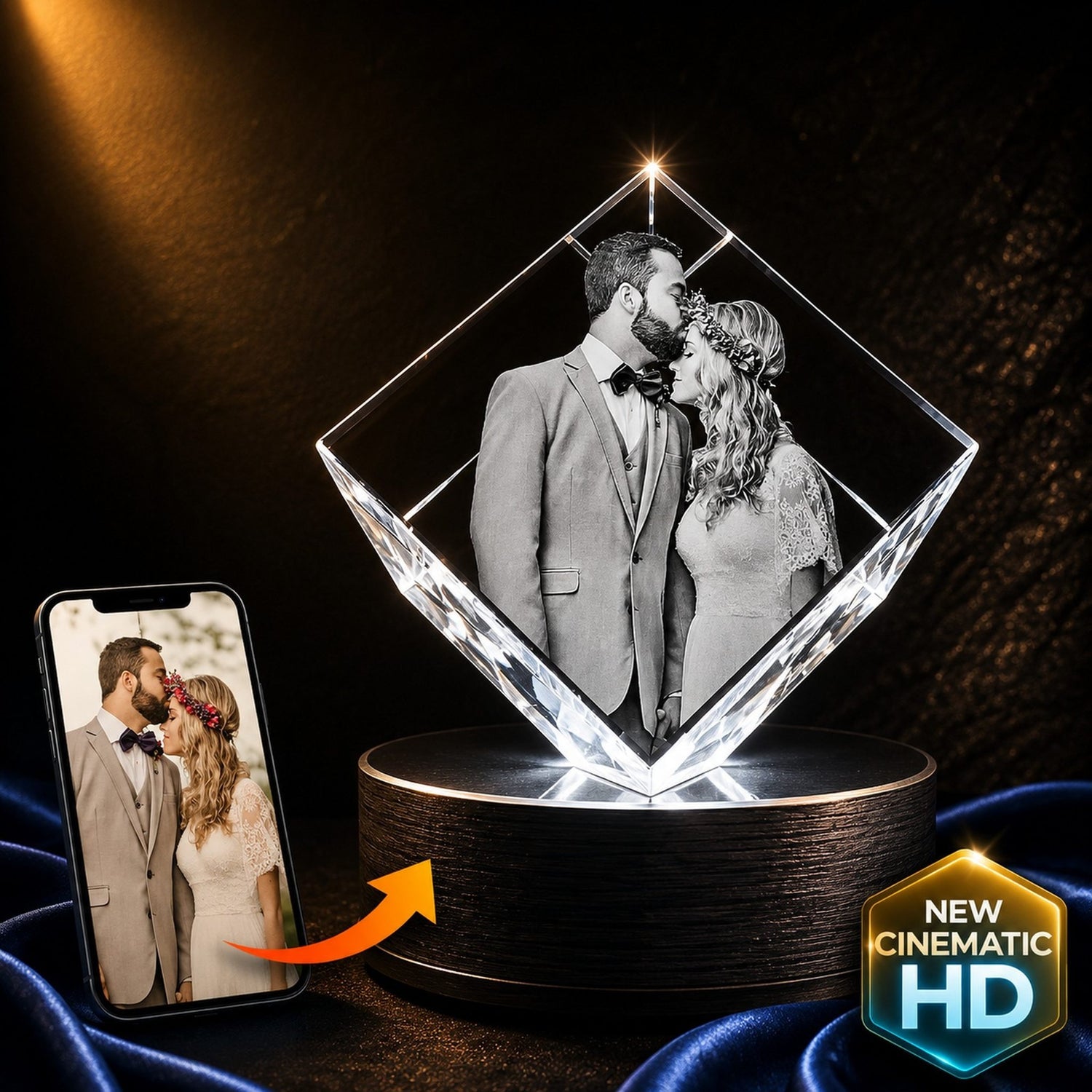 3D crystal corner diamond – custom photo engraving, gold display