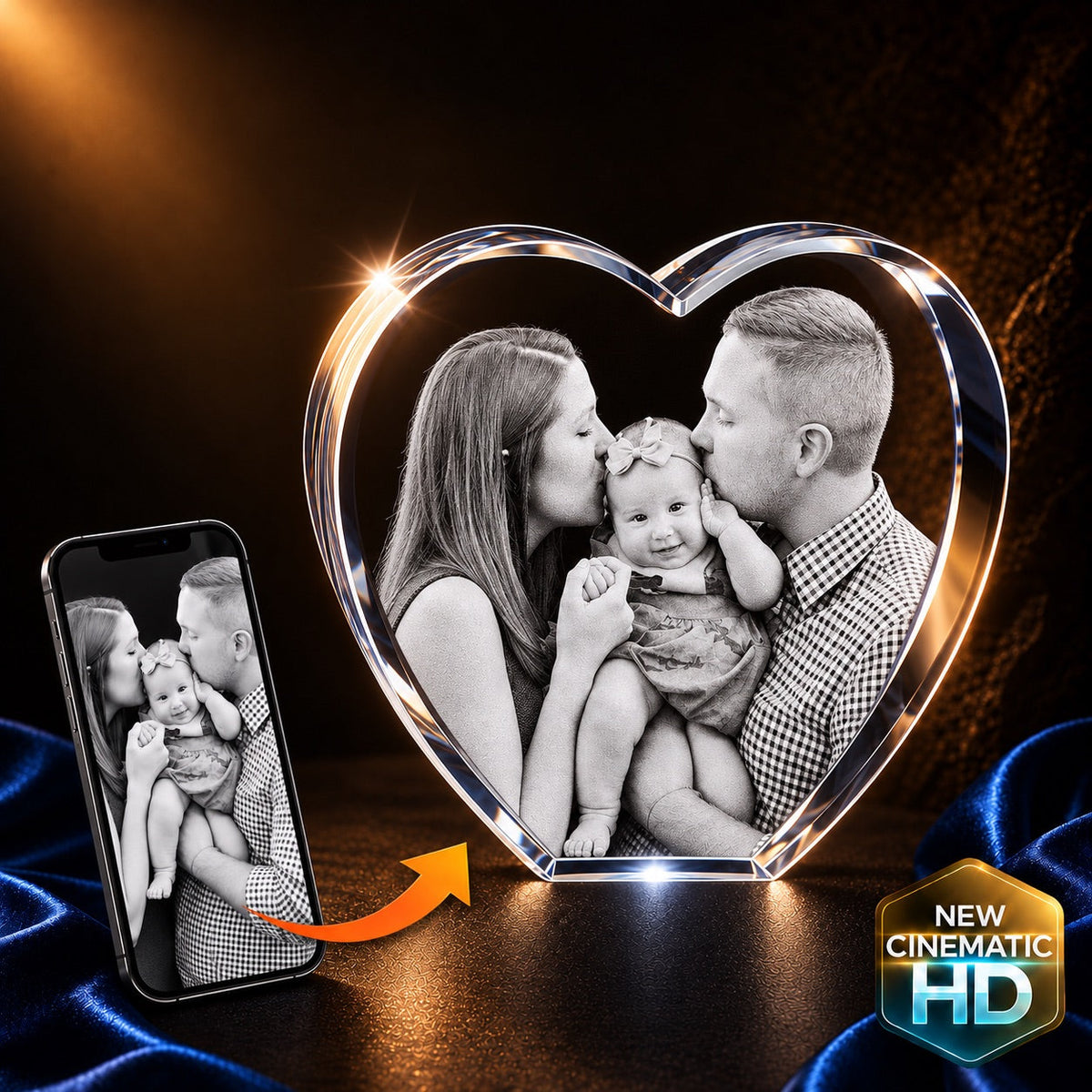 3D crystal heart photo engraving – baby keepsake, gold-tone display | Crystal 3D Pix