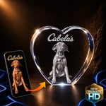 3D crystal heart photo engraving – pet sympathy memorial of a Vizsla dog (Cabela), gold-tone display | Crystal 3D Pix
