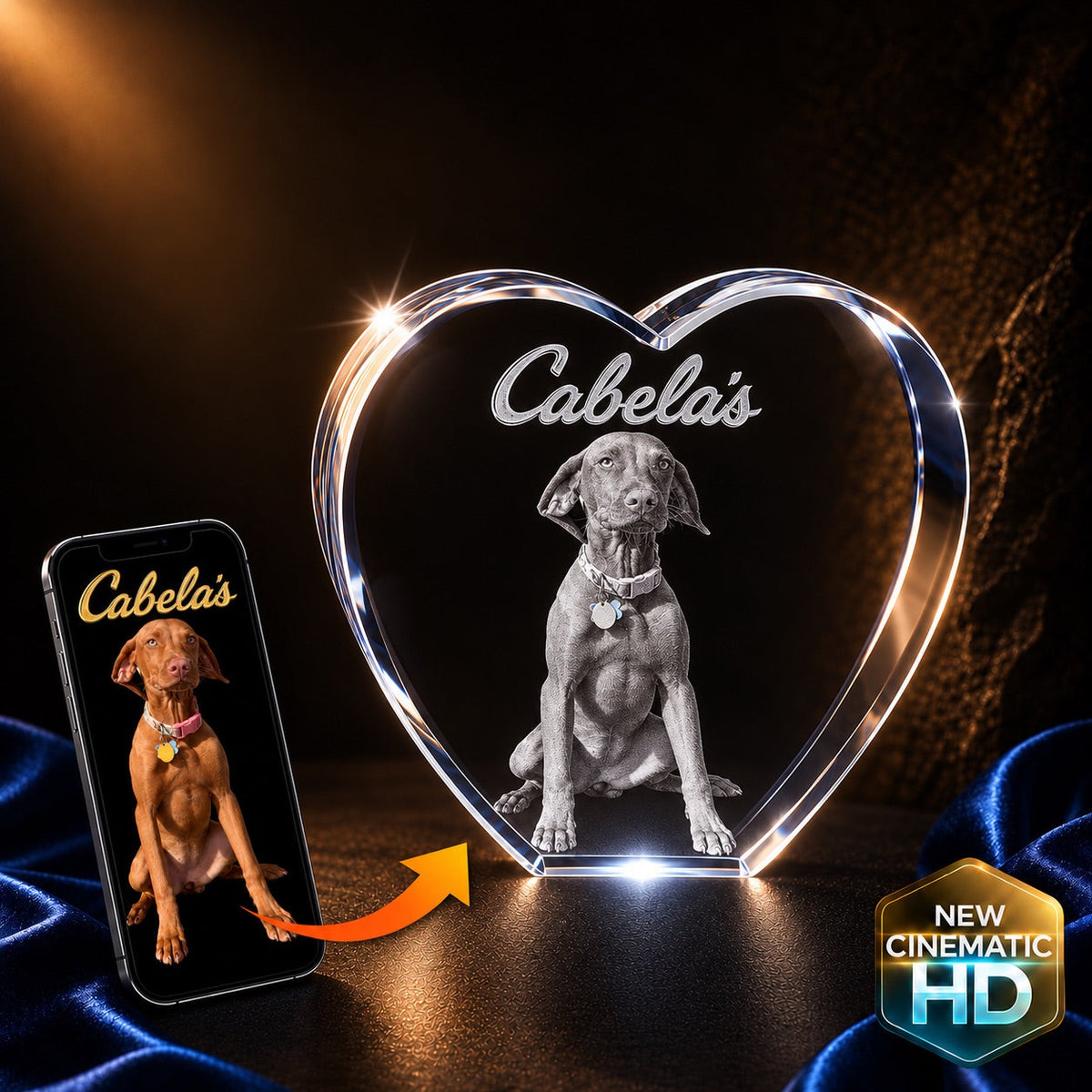 3D crystal heart photo engraving – pet sympathy memorial of a Vizsla dog (Cabela), gold-tone display | Crystal 3D Pix