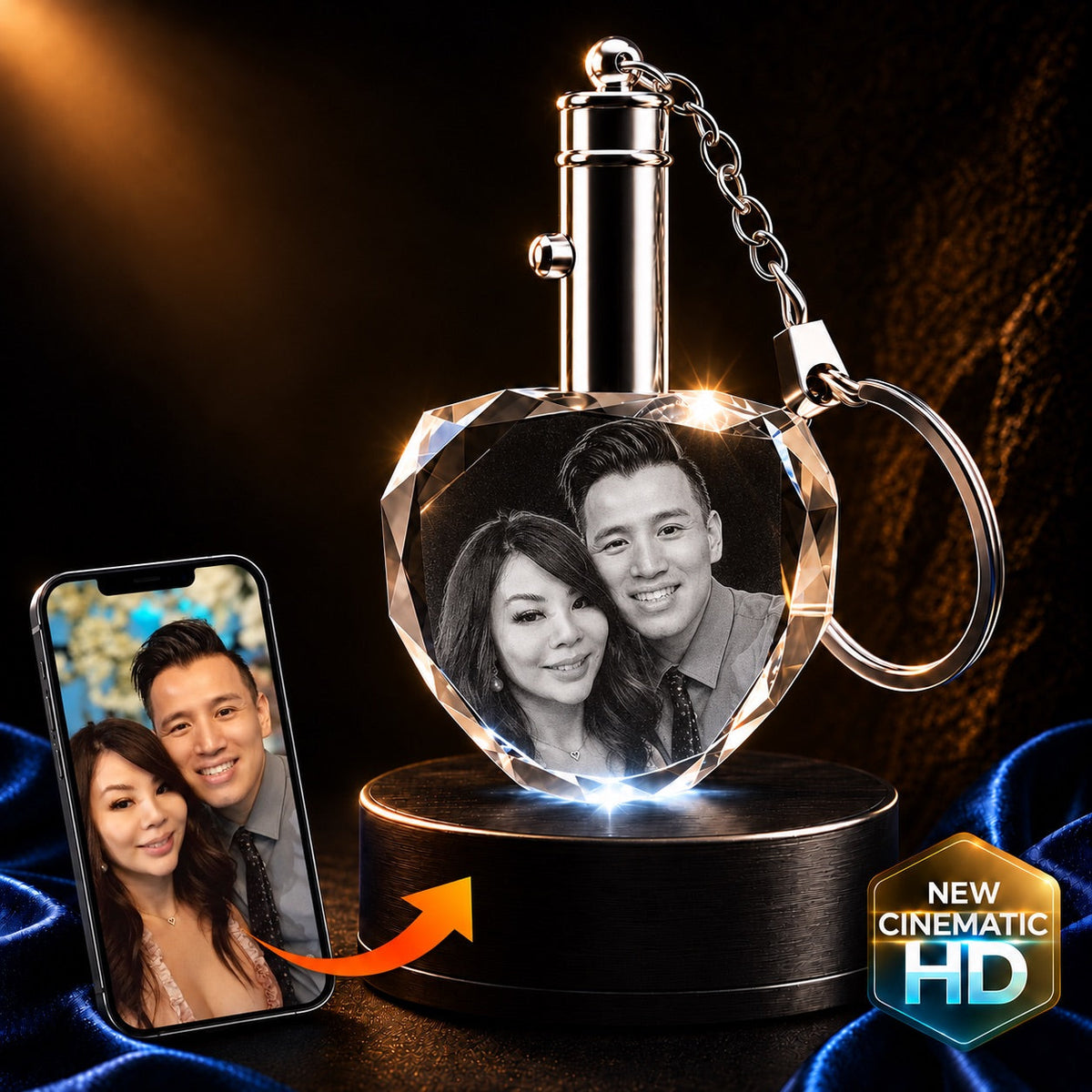 3D crystal heart keychain – anniversary photo engraving, gold-tone display | Crystal 3D Pix