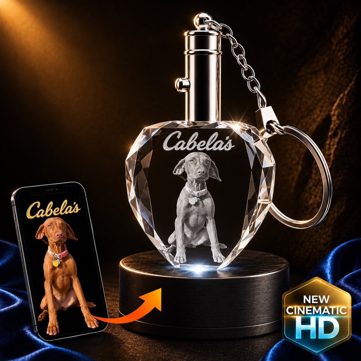 3D crystal heart keychain photo engraving of a Vizsla dog (Cabela), gold-tone display | Crystal 3D Pix