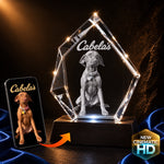 3D crystal iceberg photo engraving – pet sympathy memorial of a Vizsla dog (Cabela), gold-tone display | Crystal 3D Pix