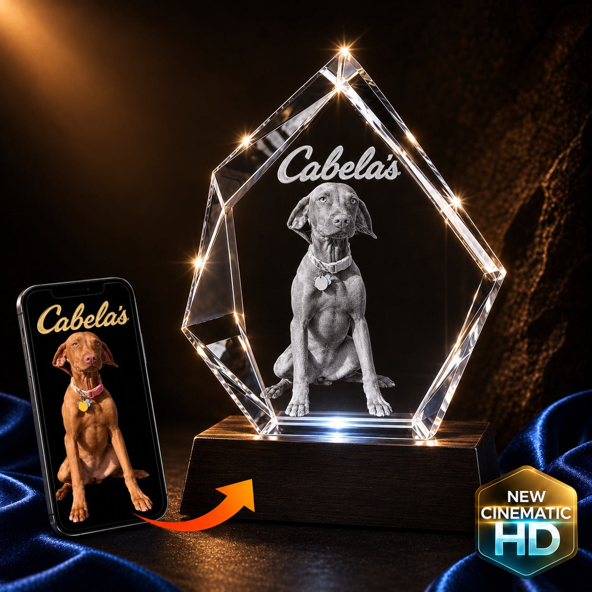 3D crystal iceberg photo engraving – pet sympathy memorial of a Vizsla dog (Cabela), gold-tone display | Crystal 3D Pix