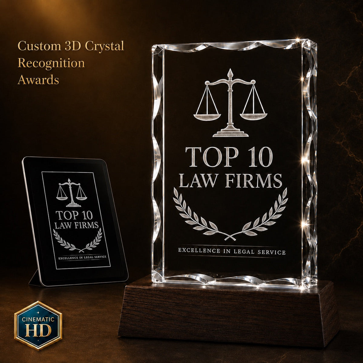 3D crystal notched rectangle (tall) photo engraving – corporate award keepsake, gold-tone display | Crystal 3D Pix