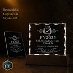3D crystal notched rectangle (wide) photo engraving – corporate award keepsake, gold-tone display | Crystal 3D Pix