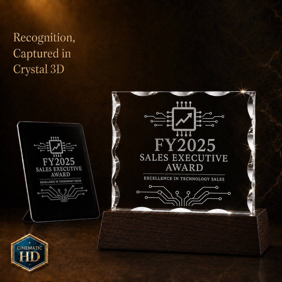 3D crystal notched rectangle (wide) photo engraving – corporate award keepsake, gold-tone display | Crystal 3D Pix