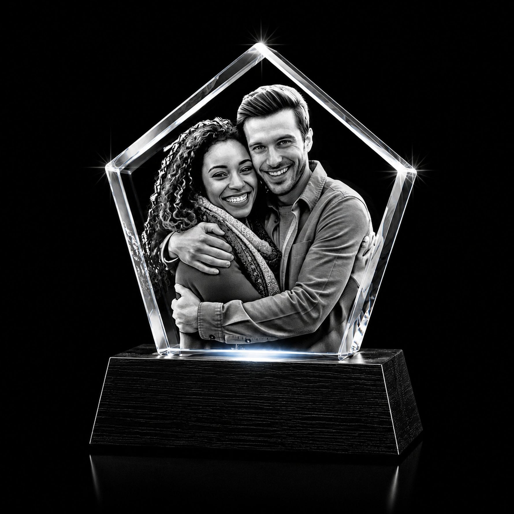 3D crystal pentagon photo engraving – corporate award, gold-tone display | Crystal 3D Pix