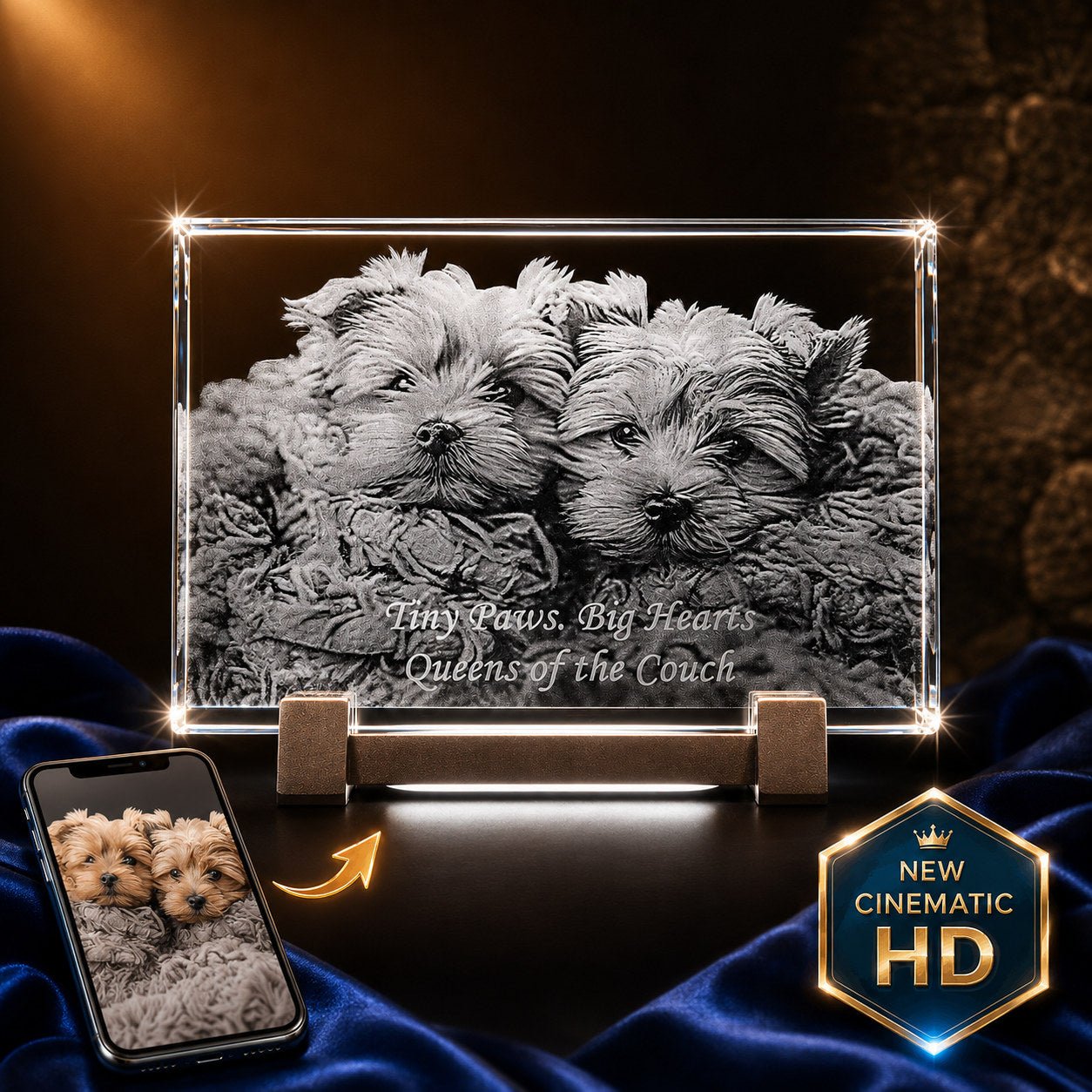 2D crystal plaque – pet memorial photo engraving, gold display