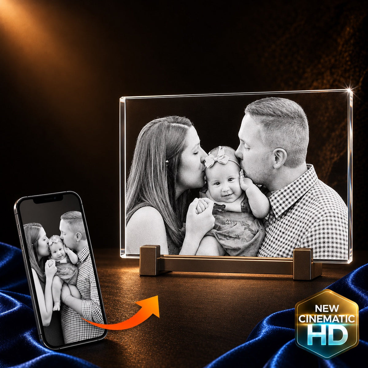 2D crystal wide plaque photo engraving – baby keepsake, gold-tone display | Crystal 3D Pix