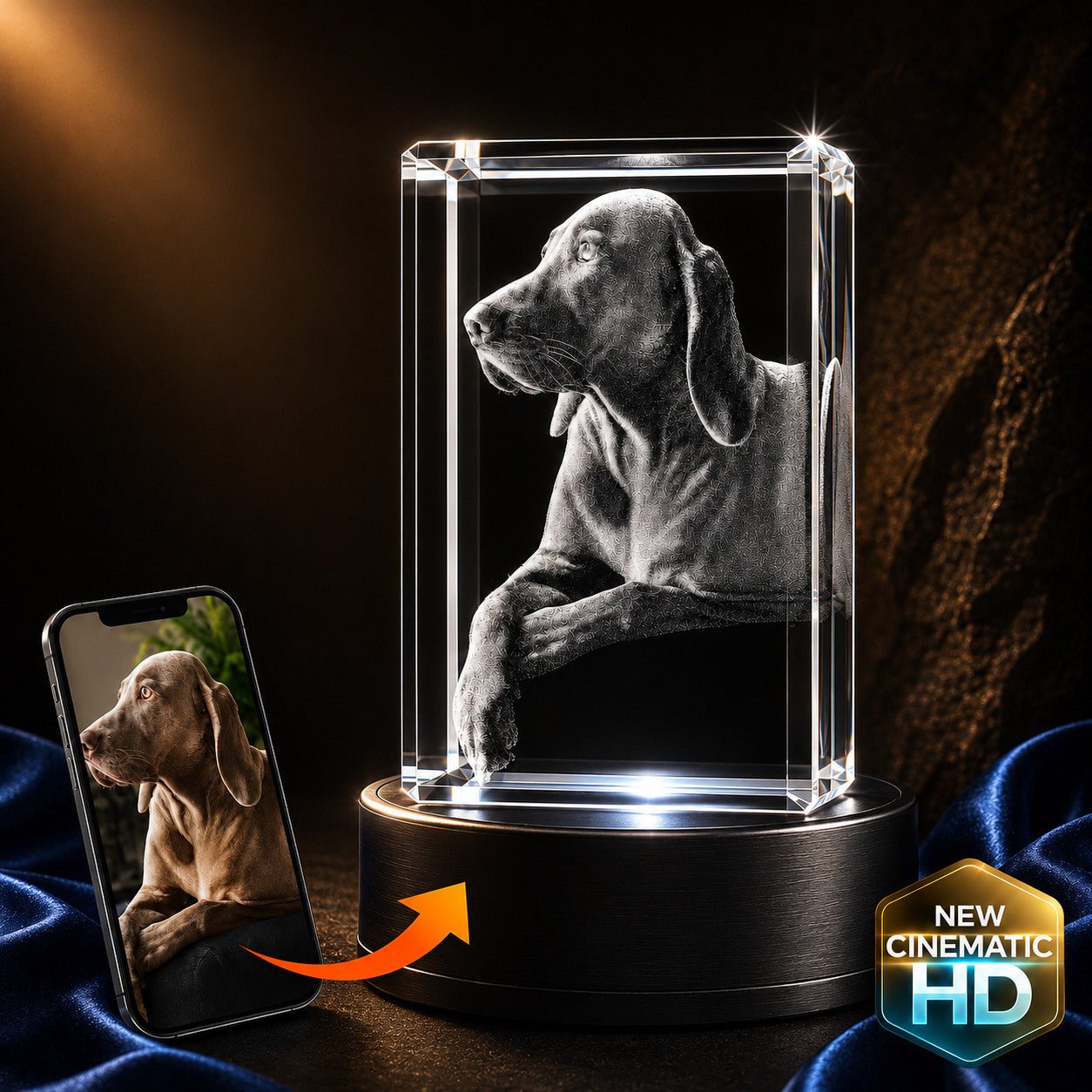3D crystal rectangle – custom photo engraving, gold display