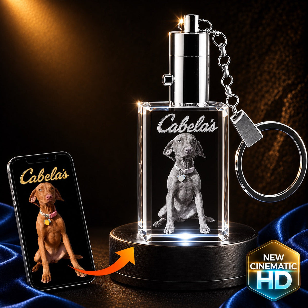 3D crystal rectangle keychain – sympathy photo engraving of a Vizsla dog (Cabela), gold-tone display | Crystal 3D Pix