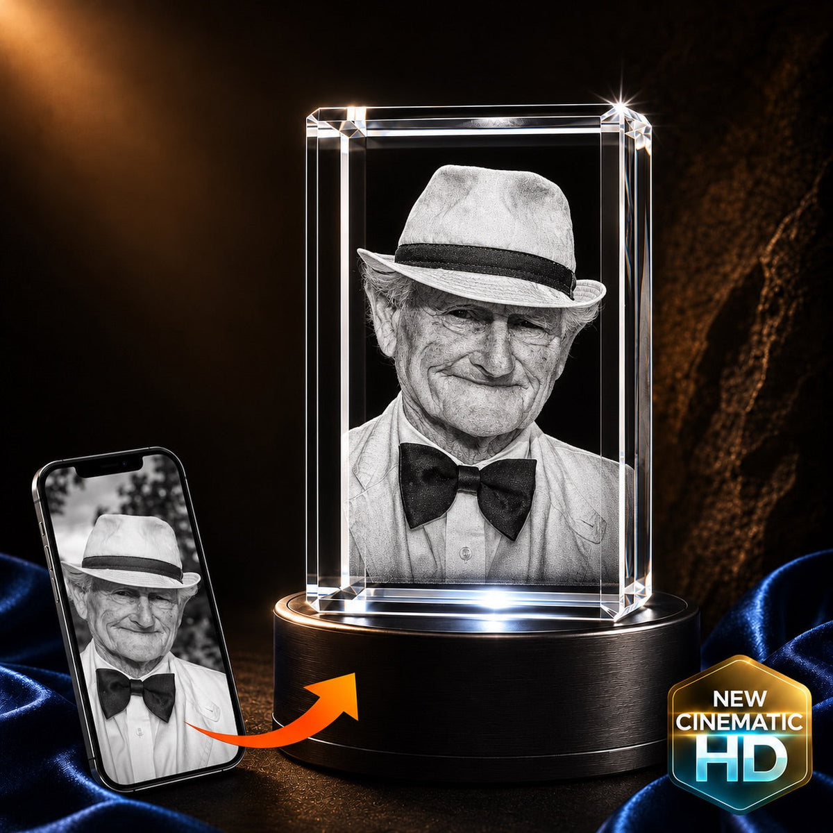 3D crystal rectangle (tall) photo engraving – sympathy memorial keepsake, gold-tone display | Crystal 3D Pix