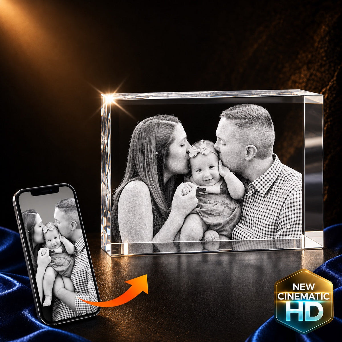 3D crystal rectangle (wide) photo engraving – baby keepsake, gold-tone display | Crystal 3D Pix