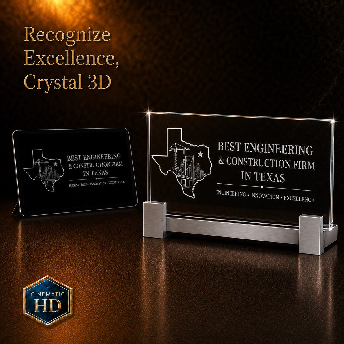 2D crystal wide plaque photo engraving – corporate award keepsake, gold-tone display | Crystal 3D Pix