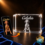 3D crystal rectangle (wide) photo engraving – pet sympathy memorial of a Vizsla dog (Cabela), gold-tone display | Crystal 3D Pix