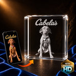 3D crystal square photo engraving – pet sympathy memorial of a Vizsla dog (Cabela), gold-tone display | Crystal 3D Pix